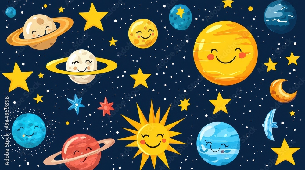 Cute Cartoon Planets and Stars in Space Kids Illustration Cute Cartoon Planets and Stars in Space Kids Illustration