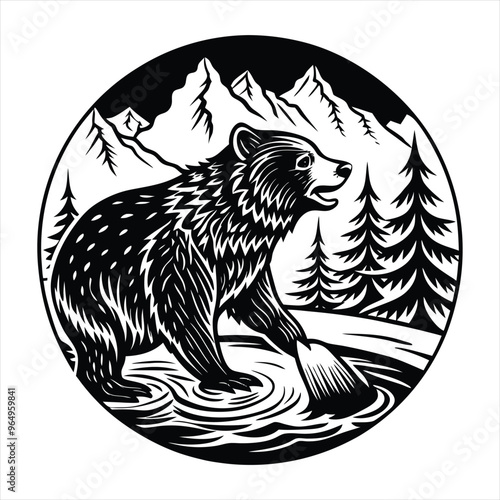 Black Silhouette of a Bear Catching Fish in a Flowing River Stream Detailed Vector Illustration on a White Background