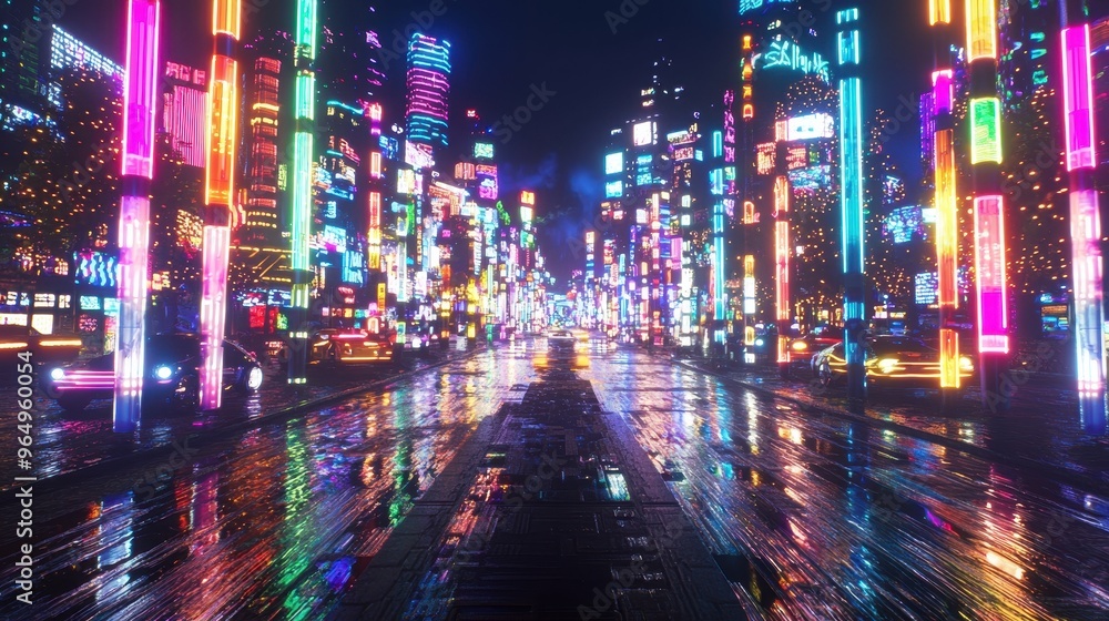 Neon Cityscape at Night with Wet Street Reflections Neon Cityscape at Night with Wet Street Reflections