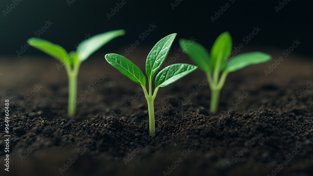 Fresh green seedlings emerging from rich dark soil, symbolizing growth and new beginnings in nature. Fresh green seedlings emerging from rich dark soil, symbolizing growth and new beginnings in nature.