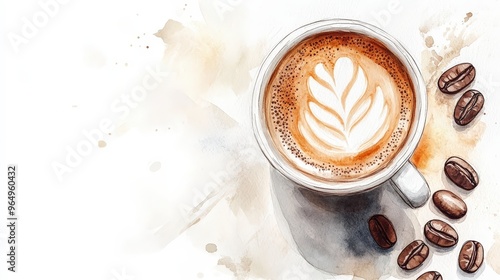 Delicate Watercolor Sketch of Hot Coffee Milk Cup with Coffee Beans on White Background