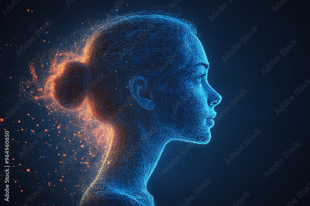 silhouette Woman in wireframe style on blue background silhouette Woman in wireframe style on blue background
