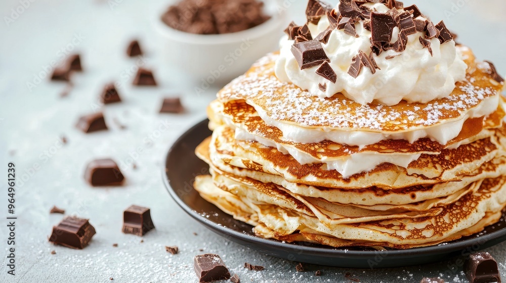Delicious Pancakes with Whipped Cream and Chocolate Chips Delicious Pancakes with Whipped Cream and Chocolate Chips