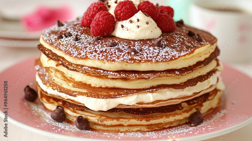 Delicious Pancakes with Whipped Cream Chocolate Chips and Raspberries Delicious Pancakes with Whipped Cream Chocolate Chips and Raspberries