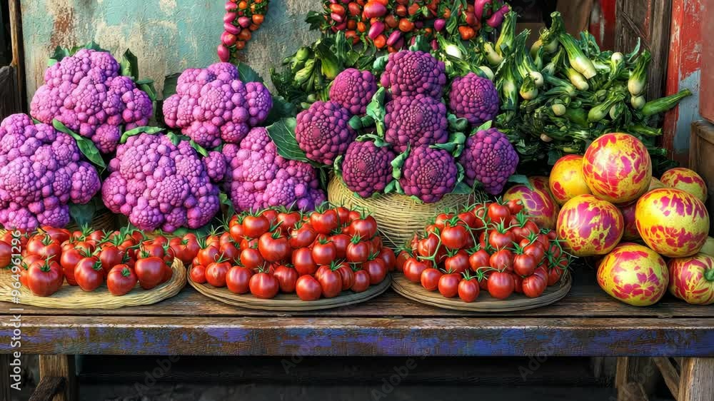 Vibrant display of fresh vegetables and fruits at a local market in the heart of the city Vibrant display of fresh vegetables and fruits at a local market in the heart of the city