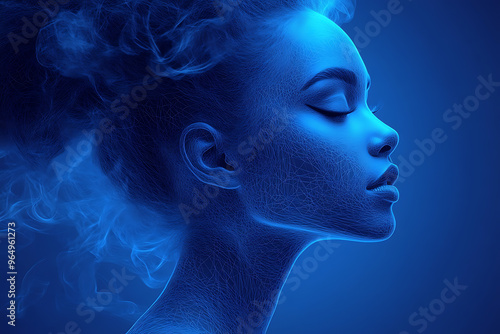 silhouette Woman in wireframe style on blue background