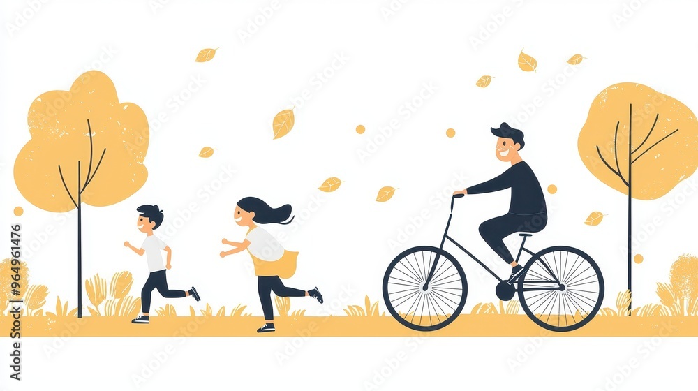 Obraz premium Happy Family Cycling and Running in Autumn Park