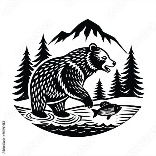 Black Silhouette of a Bear Catching Fish in a Flowing River Stream Detailed Vector Illustration on a White Background