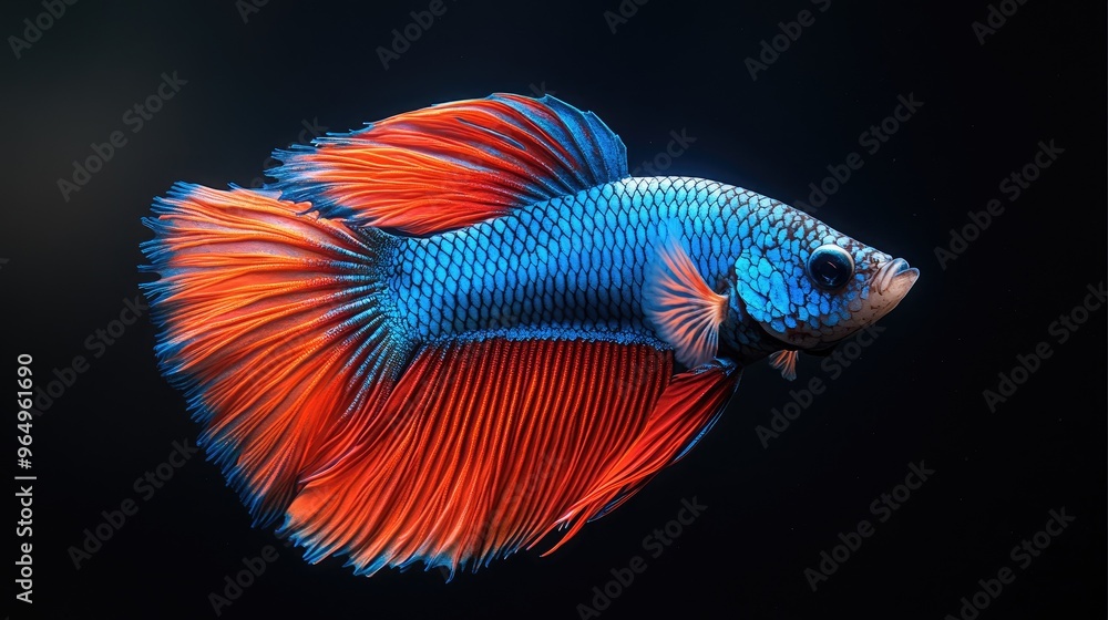 A Vivid Blue and Orange Betta Fish with a Striking Fin Display Against a Black Background A Vivid Blue and Orange Betta Fish with a Striking Fin Display Against a Black Background