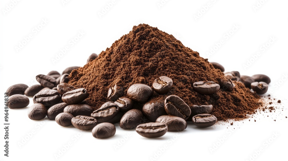 Premium Coffee Powder Heap with Scattered Beans on White Background - High-Resolution Image with Clipping Path Premium Coffee Powder Heap with Scattered Beans on White Background - High-Resolution Image with Clipping Path