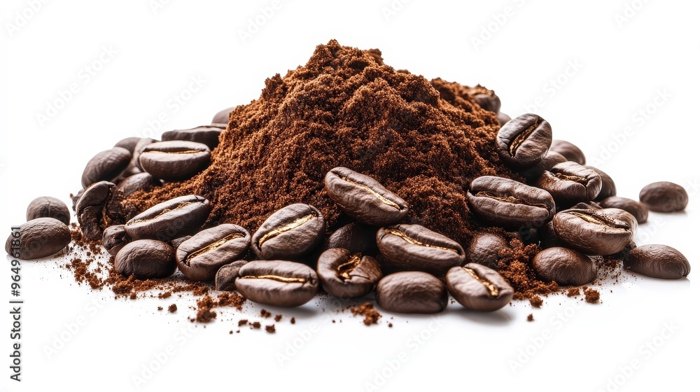 Fototapeta premium Aromatic Coffee Powder Pile with Beans on White Background - High-Resolution Image with Clipping Path