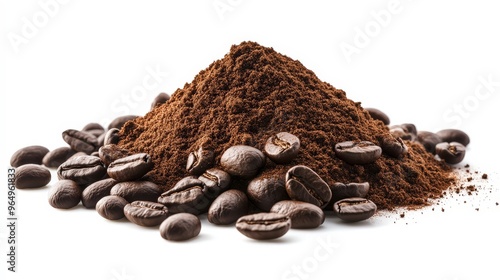 Premium Coffee Powder Heap with Scattered Beans on White Background - High-Resolution Image with Clipping Path