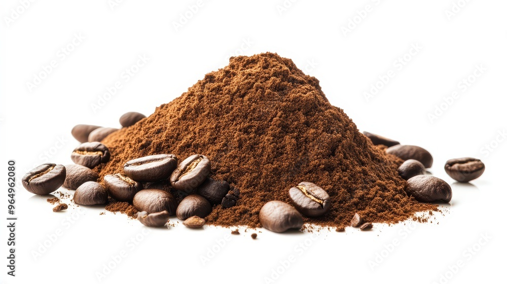 Fresh Coffee Powder with Scattered Beans on White Background - Precise Clipping Path Included Fresh Coffee Powder with Scattered Beans on White Background - Precise Clipping Path Included