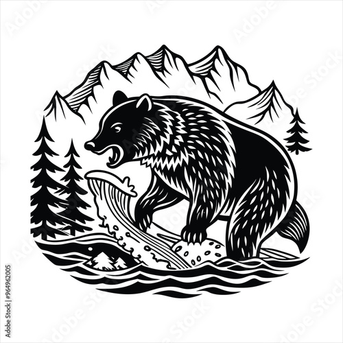 Black Silhouette of a Bear Catching Fish in a Flowing River Stream Detailed Vector Illustration on a White Background