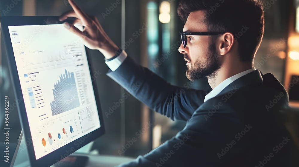 A businessman in a suit analyzes data on a computer screen. A businessman in a suit analyzes data on a computer screen.