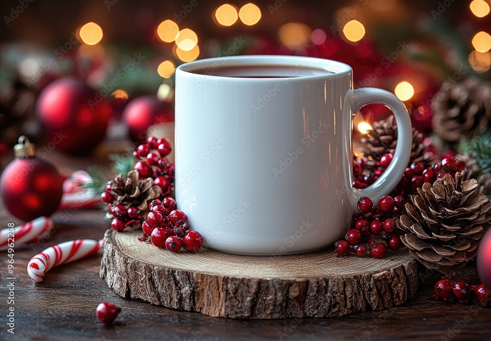 Cozy Winter Mug with Red Berries and Pine Cones Cozy Winter Mug with Red Berries and Pine Cones