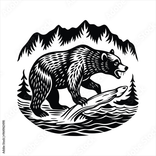 Black Silhouette of a Bear Catching Fish in a Flowing River Stream Detailed Vector Illustration on a White Background