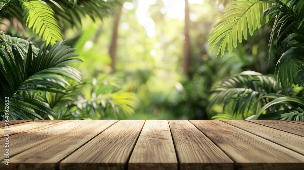 Natural Jungle Paradise - Wooden Podium in Lush Tropical Garden for Product Display with Green Leaf Plant Background Natural Jungle Paradise - Wooden Podium in Lush Tropical Garden for Product Display with Green Leaf Plant Background
