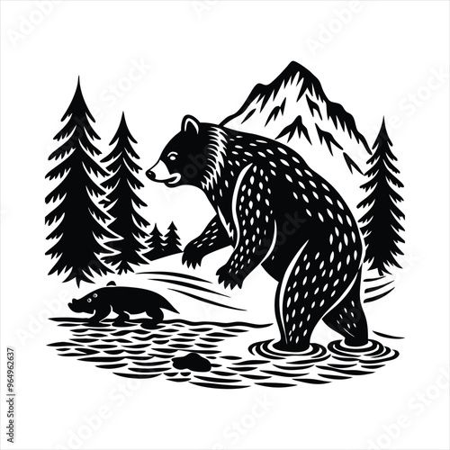 Black Silhouette of a Bear Catching Fish in a Flowing River Stream Detailed Vector Illustration on a White Background