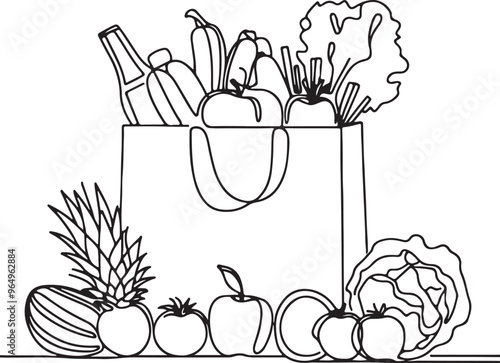 Line Drawing of Grocery Paper Bag Filled with Fresh Fruits and Vegetables- Minimalist Shopping Illustration