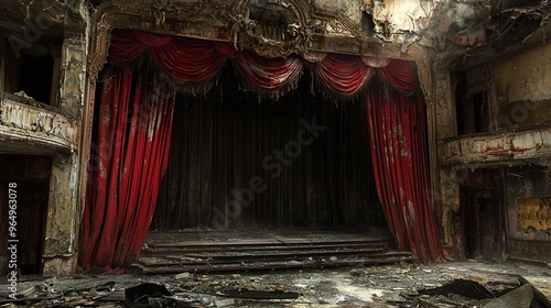 An image of a dilapidated, abandoned theater stage with deteriorating red velvet curtains and crumbling architecture. The walls are peeling, and debris is scattered across the partially collapsed floo photo