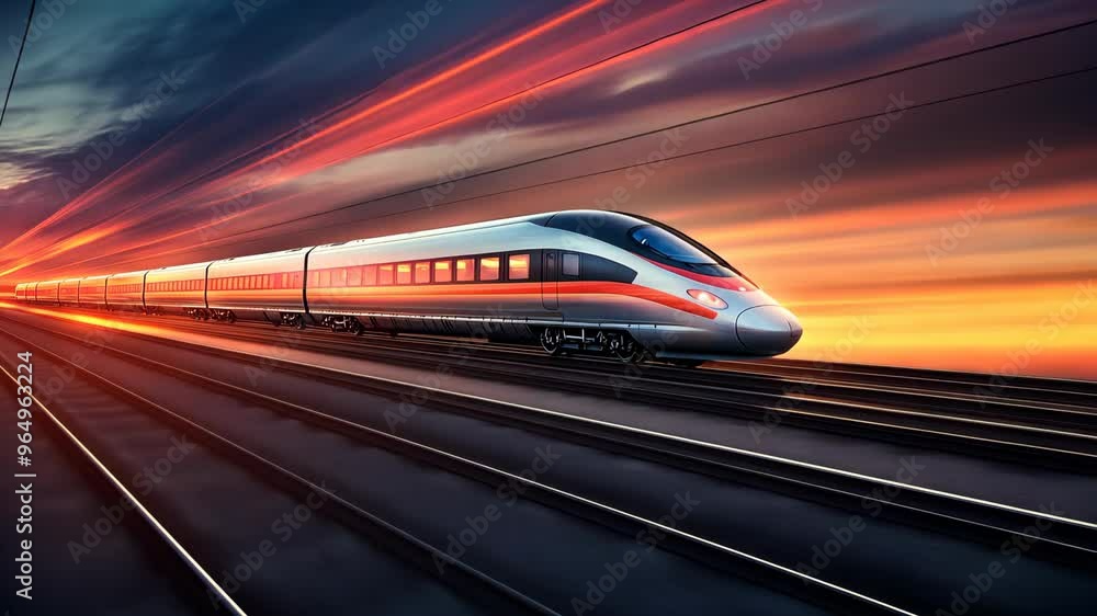 High-speed train travels at sunset along the tracks through a vibrant landscape in the countryside High-speed train travels at sunset along the tracks through a vibrant landscape in the countryside