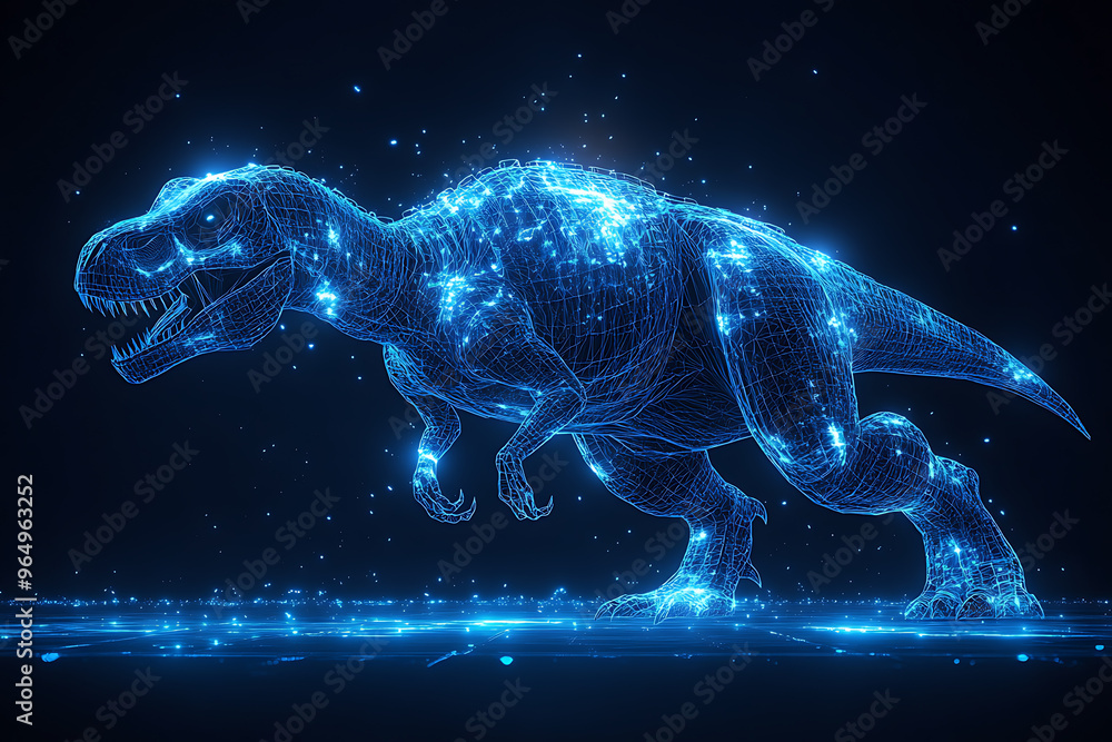 T - REX silhouette logo in wireframe style on blue background
T - REX silhouette logo in wireframe style on blue background