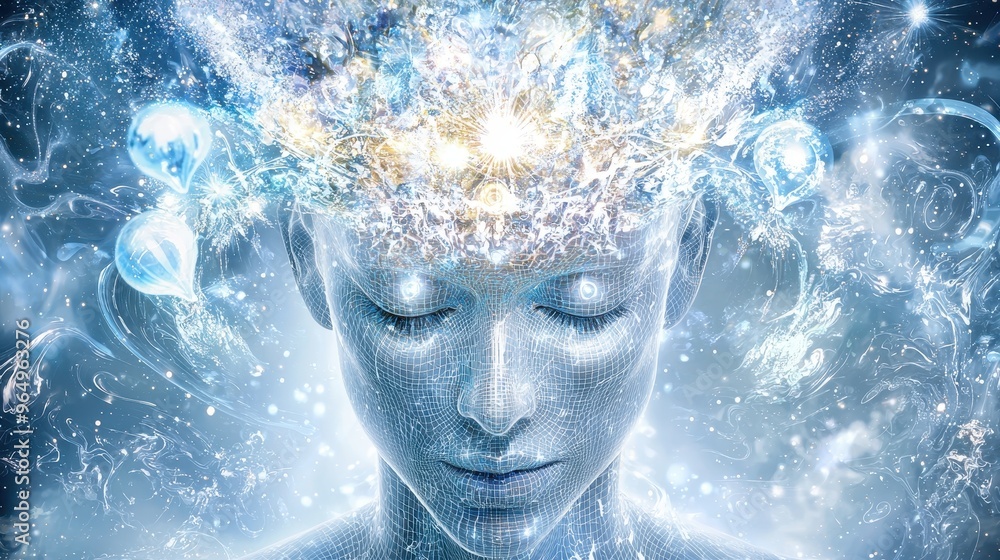 Digital Mind Abstract Portrait with Grid Blue and White Mystical Digital Mind Abstract Portrait with Grid Blue and White Mystical