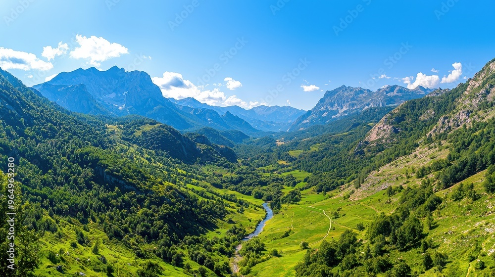Fototapeta premium Majestic Mountain Valley Landscape with River and Lush Greenery