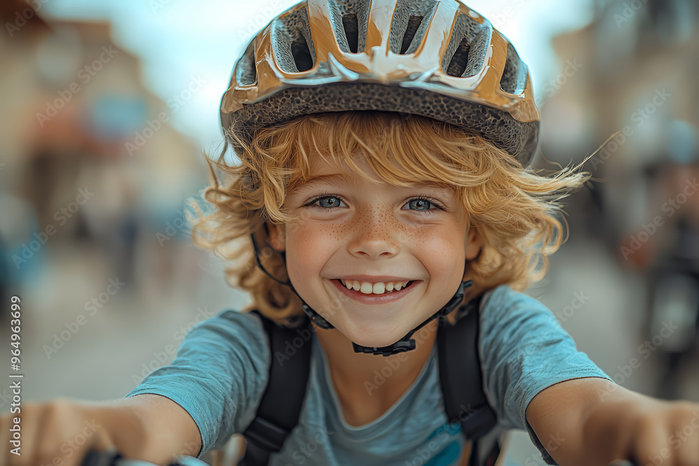 A child grinning widely while riding a bike for the first time, full of excitement. Concept of new experiences. Generative Ai. A child grinning widely while riding a bike for the first time, full of excitement. Concept of new experiences. Generative Ai.