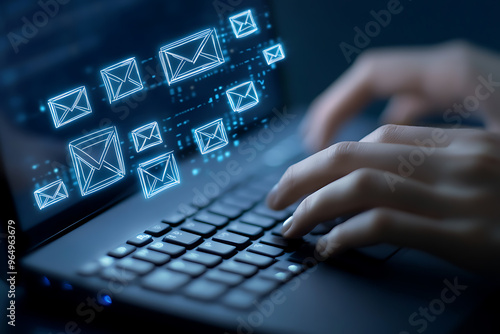 An employee uses a keyboard with email icons in her office in wireframe style on blue background 