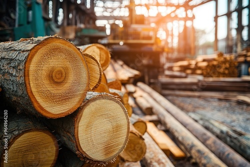 Piles of logs at a sawmill, with machinery in the background photo