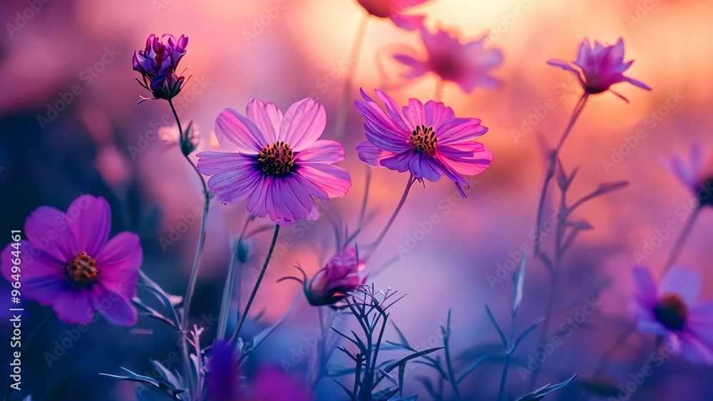 Colorful wildflowers bloom under a sunset sky in a serene garden setting during summer months Colorful wildflowers bloom under a sunset sky in a serene garden setting during summer months