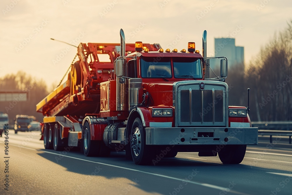 Towing truck in operation on the side of the highway Towing truck in operation on the side of the highway