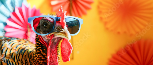 Whimsical and Quirky Image of a Turkey Wearing Stylish Sunglasses and Fashionable Accessories against a Colorful and Vibrant Abstract Background