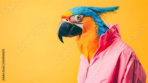 Vibrant and colorful parrot wearing a stylish fashionable outfit posed against a solid background creating a creative and dynamic concept for an advertisement or promotional design photo