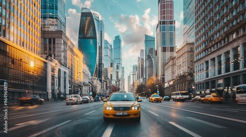 Vibrant Urban Cityscape with Yellow Taxi in Busy Street - Modern Skyscrapers and Busy Traffic