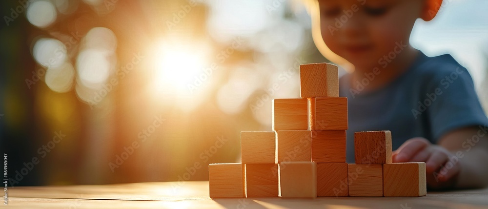 A child playing with wooden blocks, building a structure during sunset, capturing the essence of creativity and childhood joy.