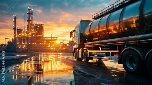 Industrial fuel tanker truck loading at a refinery, preparing for distribution