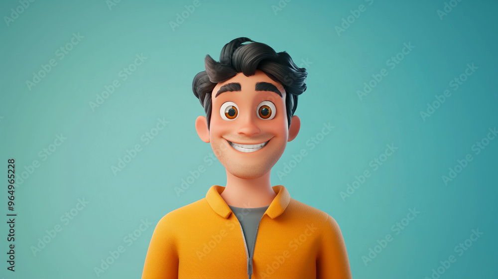 A smiling friendly cartoon man with white teeth wearing a yellow collared shirt on a blue background A smiling friendly cartoon man with white teeth wearing a yellow collared shirt on a blue background