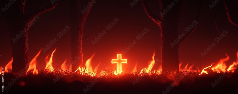 A haunting scene featuring a glowing cross amidst flames in a dark, eerie forest, evoking themes of sacrifice and rebirth. A haunting scene featuring a glowing cross amidst flames in a dark, eerie forest, evoking themes of sacrifice and rebirth.