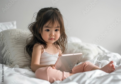 child, technology, tablet, relaxation, childhood, cozy, indoor, focused, sitting, home, bedroom, soft light, calm atmosphere A young girl with long hair sits on a bed, absorbed in her tablet, surrou photo