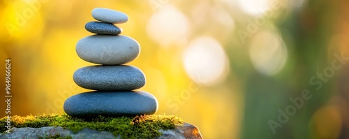 Stacked Stones on Mossy Rock with a Blurry Golden Background