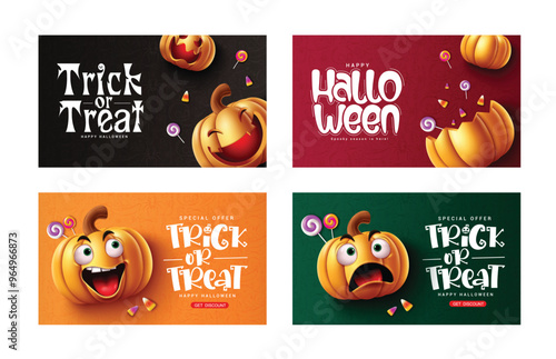 Trick or treat halloween vector banner set design. Halloween greeting text and sale discount card collection with pumpkins characters for holiday flyers template. Vector illustration horror invitation
