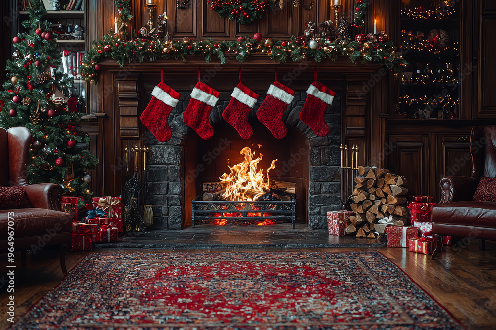 A warm and inviting Christmas fireplace, stockings hanging, and the fire crackling. Concept of holiday coziness and festive traditions. A warm and inviting Christmas fireplace, stockings hanging, and the fire crackling. Concept of holiday coziness and festive traditions.