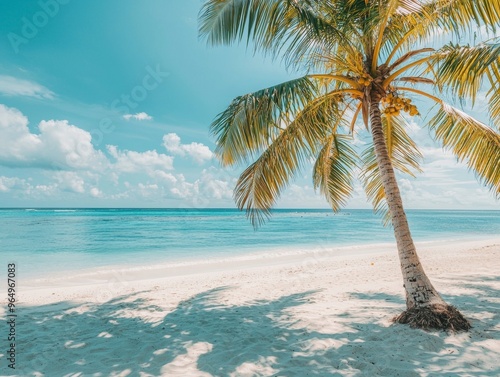 wide shot of coconut tree with white beach sand and blue ocean - ai