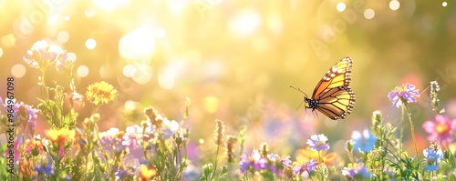 Monarch Butterfly Flying over a Field of Wildflowers in the Golden Hour photo