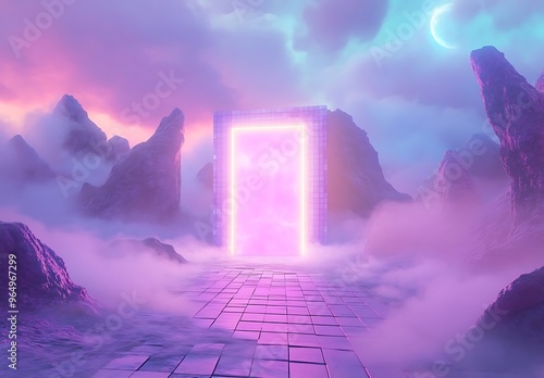 Metaverse portal: Illustration of a multicolored rectangular shaped portal gate on abstract purple landscape. Metaverse concept. photo