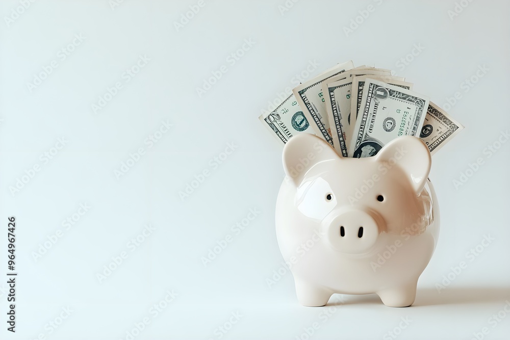 A charming pink piggy bank filled with dollar bills, symbolizing savings and financial growth in a minimalist setting.