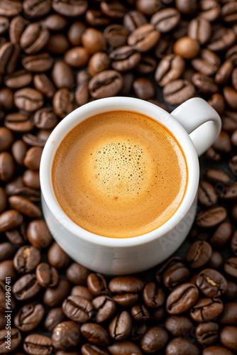 coffee mug in top view with roasted coffee beans in the backdrop